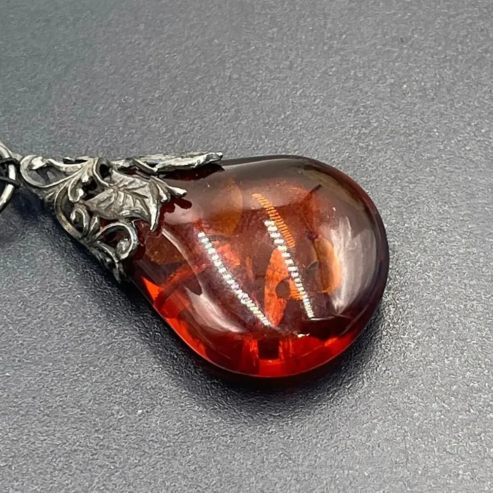 Genuine Dark Baltic Sea Amber Sterling Silver Teardrop Healing Stone Pendant‎